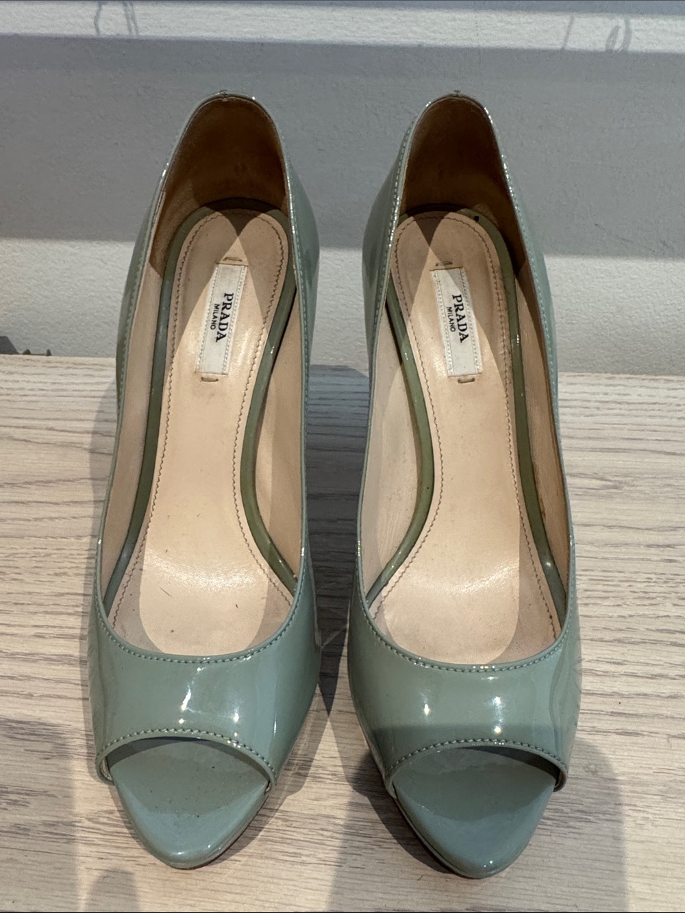 PRADA Women's Sage Green Patent Leather Peep-Toe Pumps